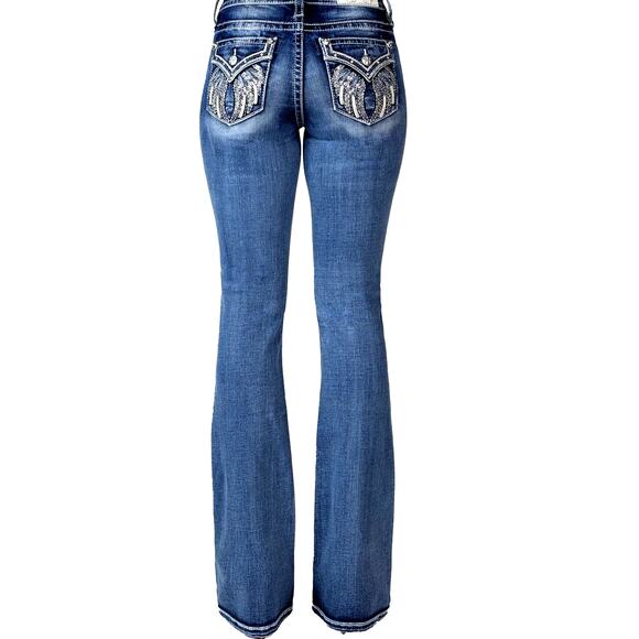 MISS me SZ 28 Women's Signature Rise Bootcut Jeans Wings Dark Blue Y2K Biker - Picture 1 of 8